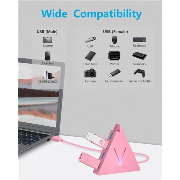 4-Port USB 3.0 Hub, FlyingVHUB Vertical Data USB Hub with 2 ft Extended Cable - Picture 4 of 6